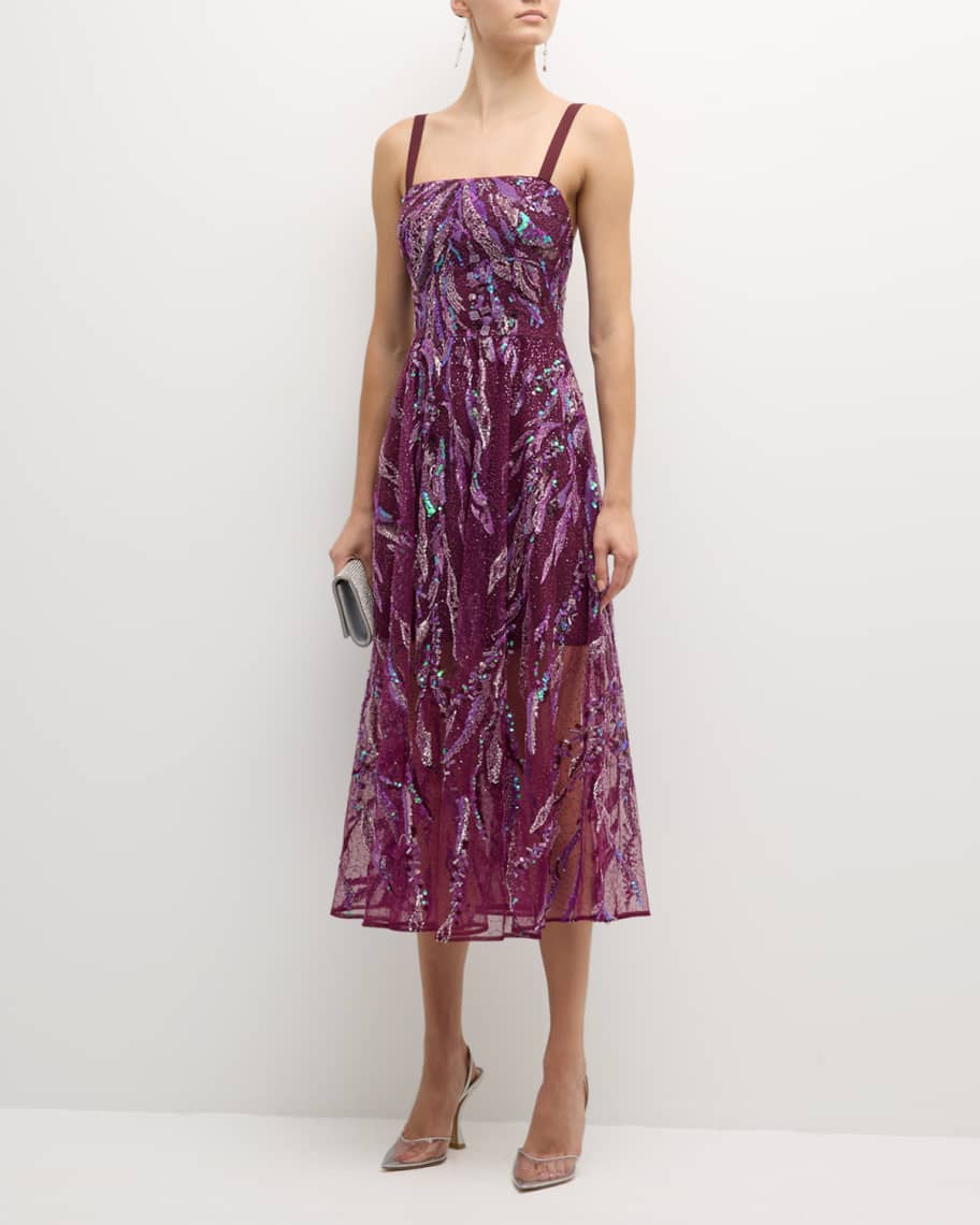 Dress the Population Black Label Cassandra Bead & Sequin A-Line Midi Dress  | Neiman Marcus