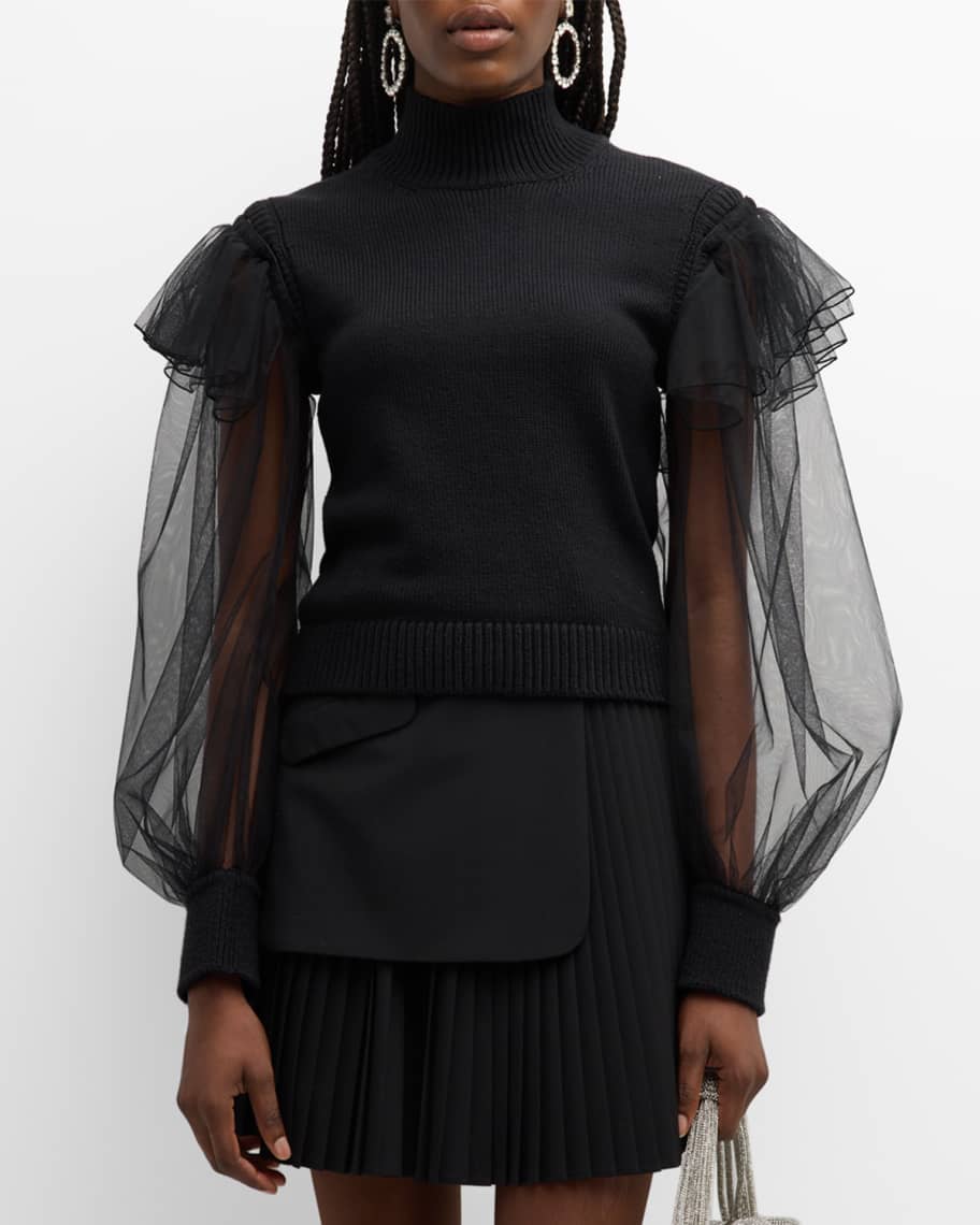 ADEAM Layla Tulle Long-Sleeve Ruffle Turtleneck Sweater | Neiman Marcus