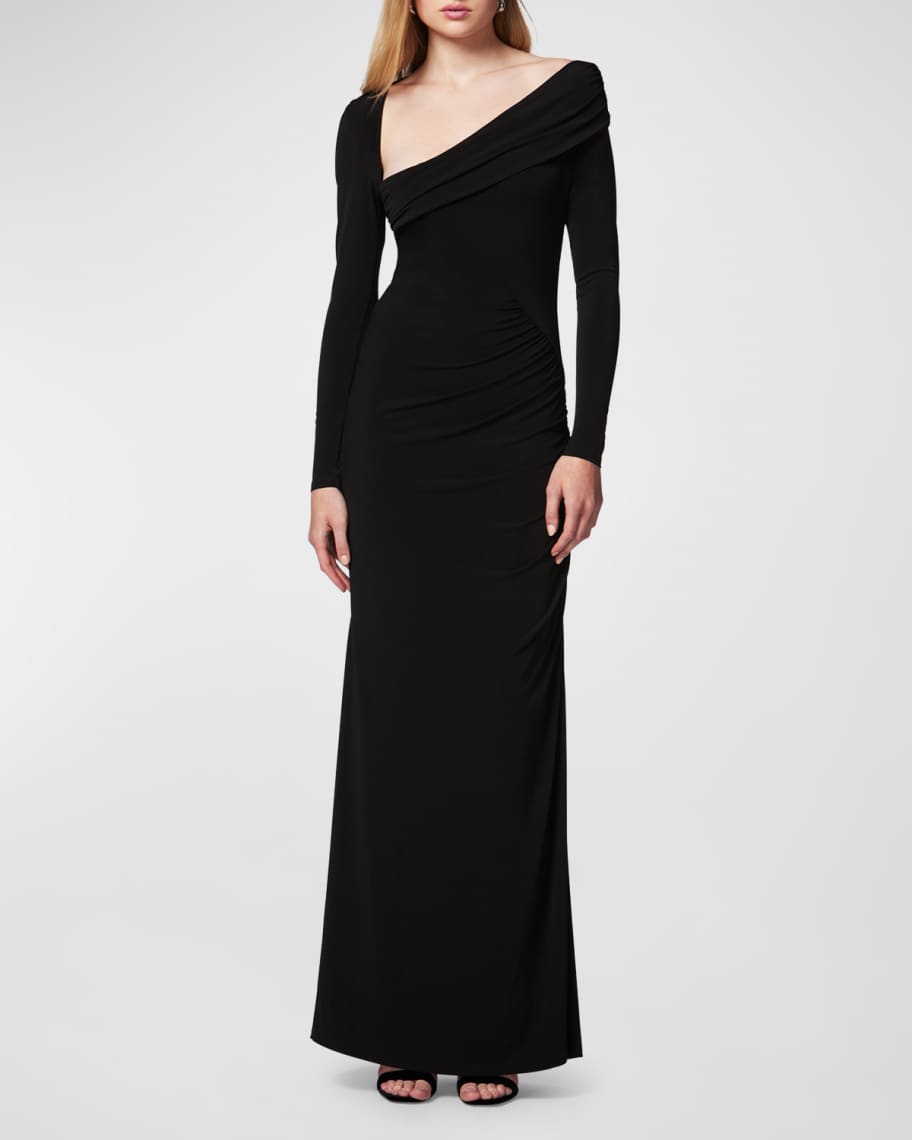 Herve Leger Asymmetric Long-Sleeve Ruched Jersey Gown | Neiman Marcus
