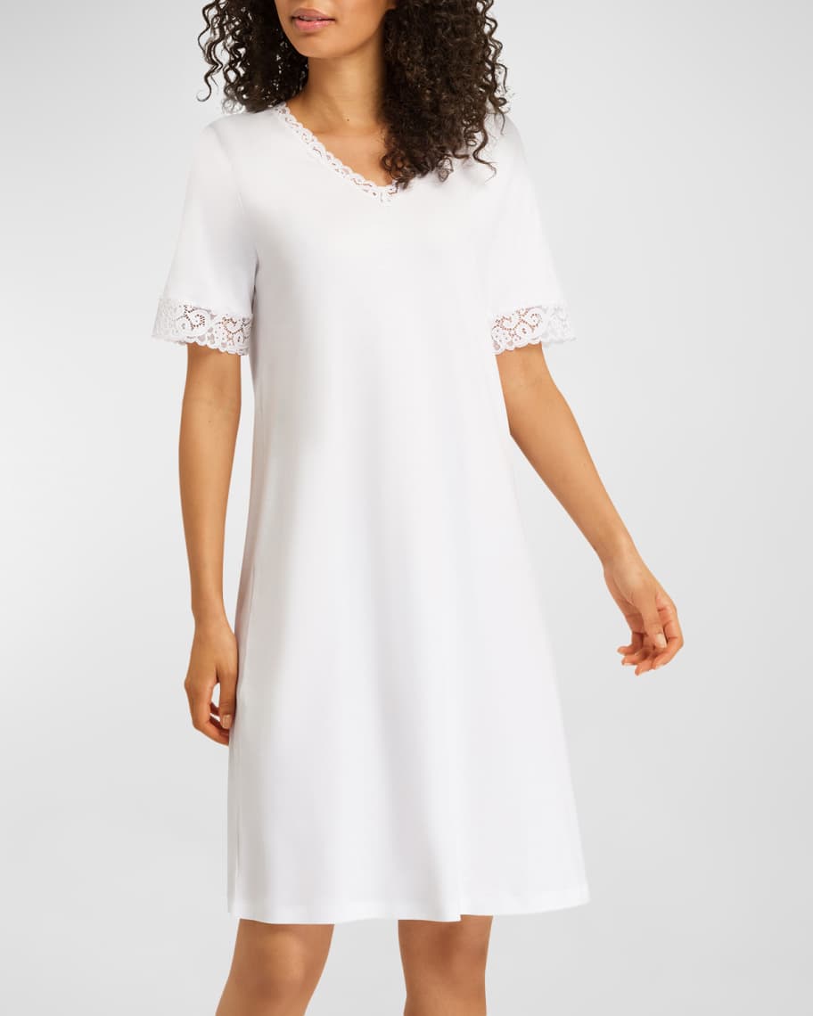 Hanro Moments Short Sleeve Lace Cotton Nightgown | Neiman Marcus