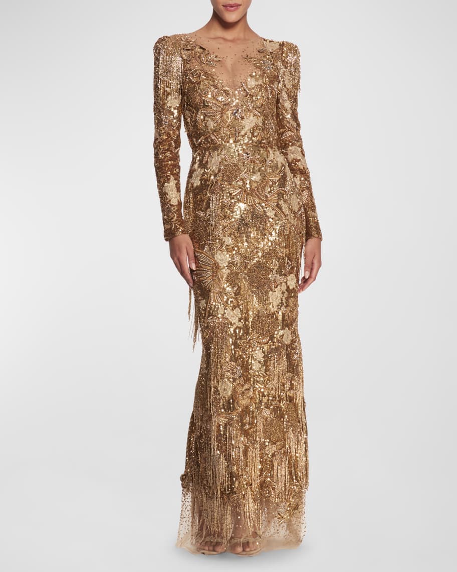 Marchesa Crystal Metallic Fringe Embroidered Long Sleeve Trumpet