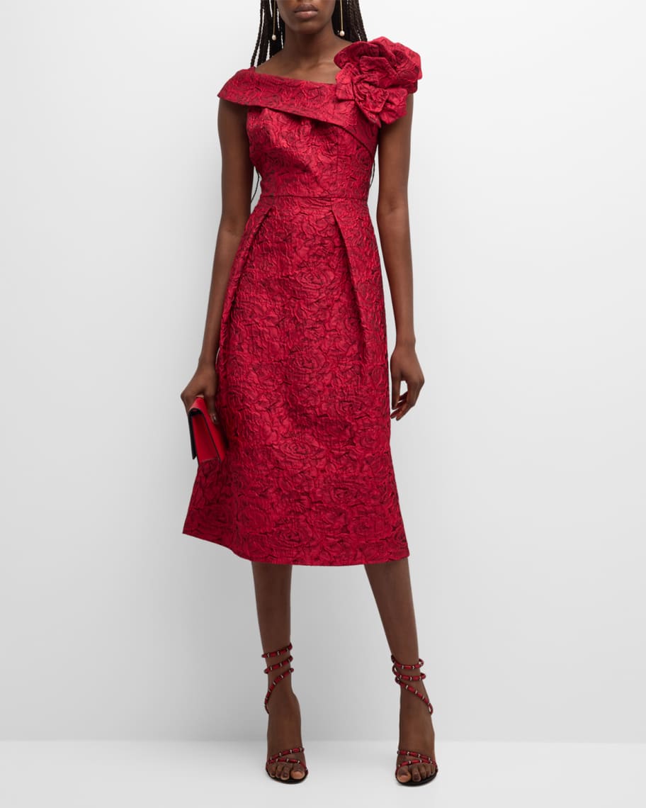 Rickie Freeman for Teri Jon Pleated Floral Jacquard A-Line Midi Dress ...