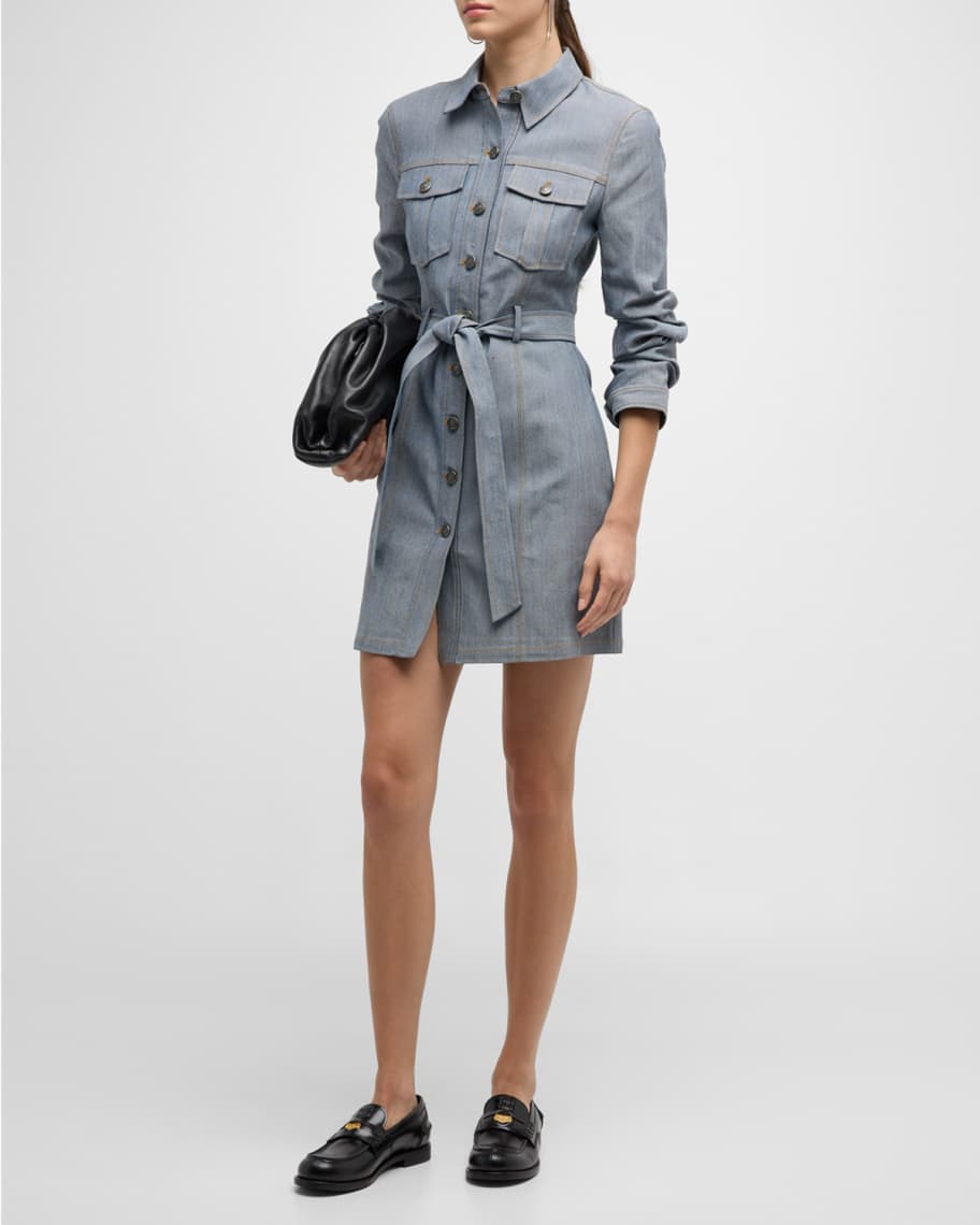Cinq a Sept Clea Belted Scrunched-Sleeve Denim Mini Dress | Neiman Marcus