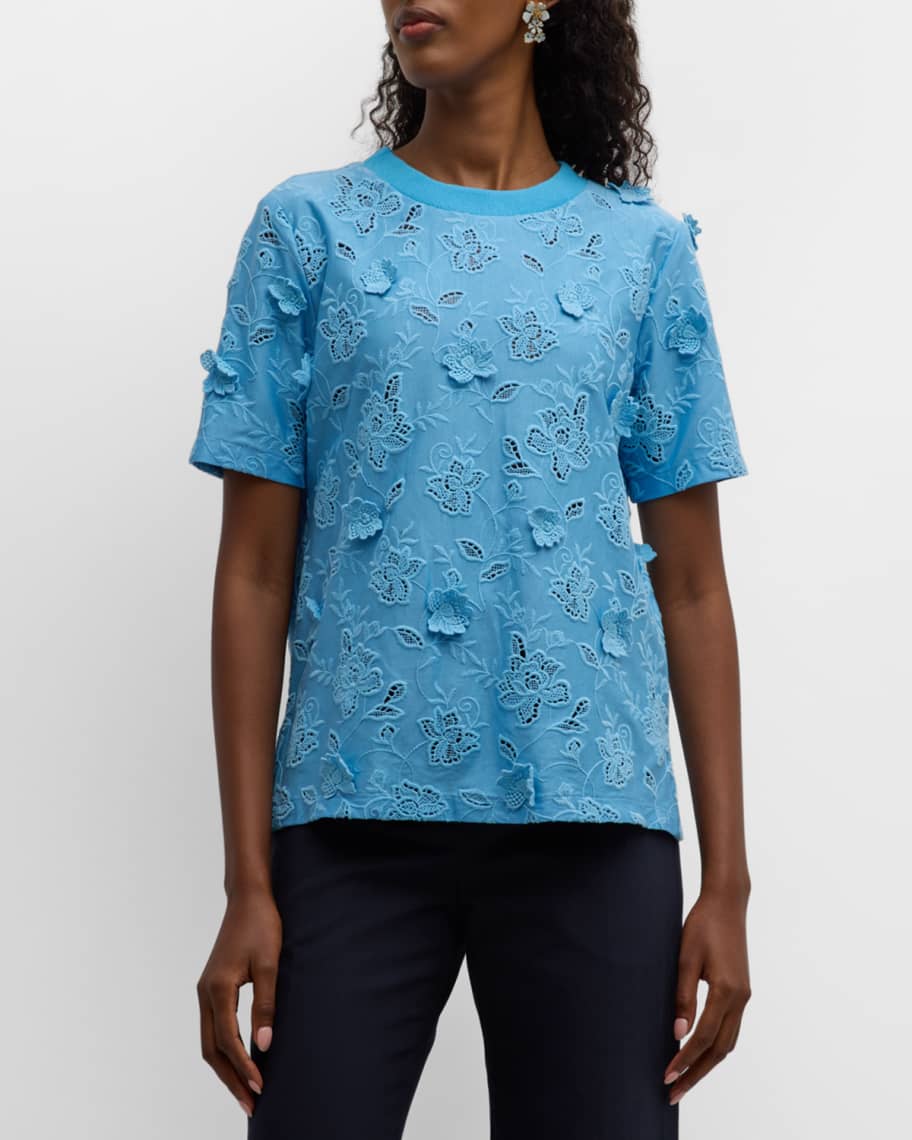 Oscar de la Renta Gardenia Guipure Embroidered T-Shirt | Neiman Marcus