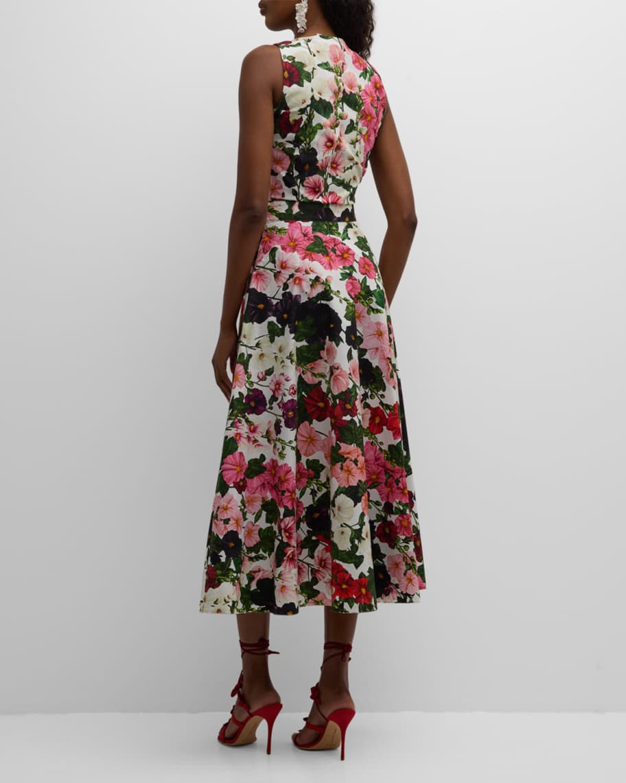 Image 3 of 6: Hollyhocks-Print Button-Front Tie-Cutout Sleeveless Midi Dress