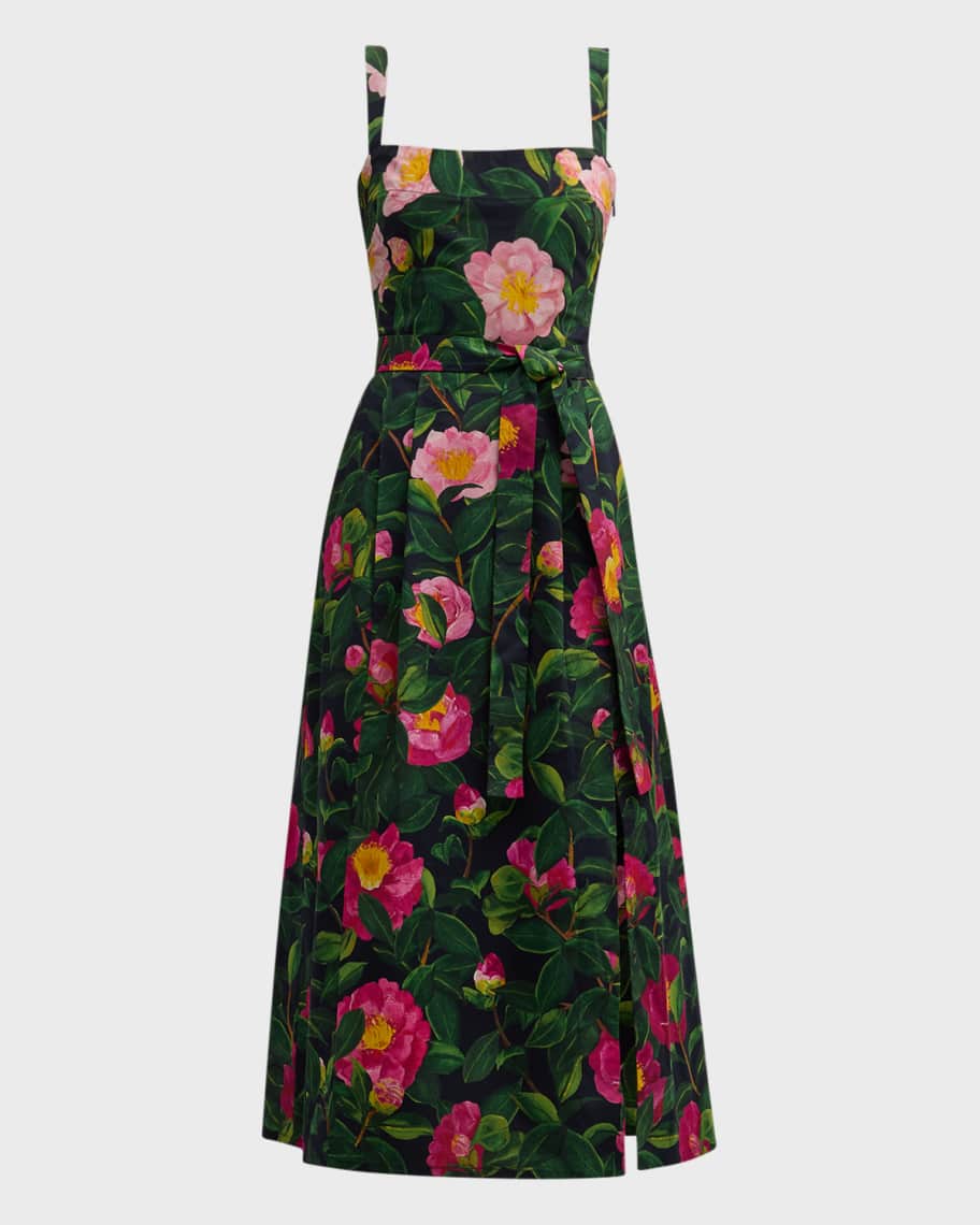 Oscar de la Renta Camellias-Print Belted Slit-Hem Poplin
