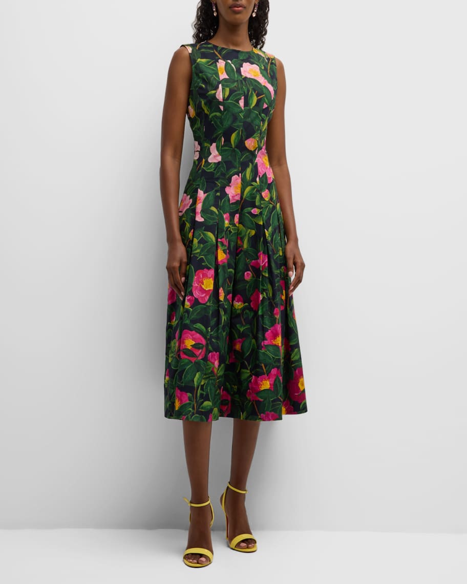 Oscar de la Renta Camellias-Print Pleated Poplin Fit-&-Flare Midi Dress ...