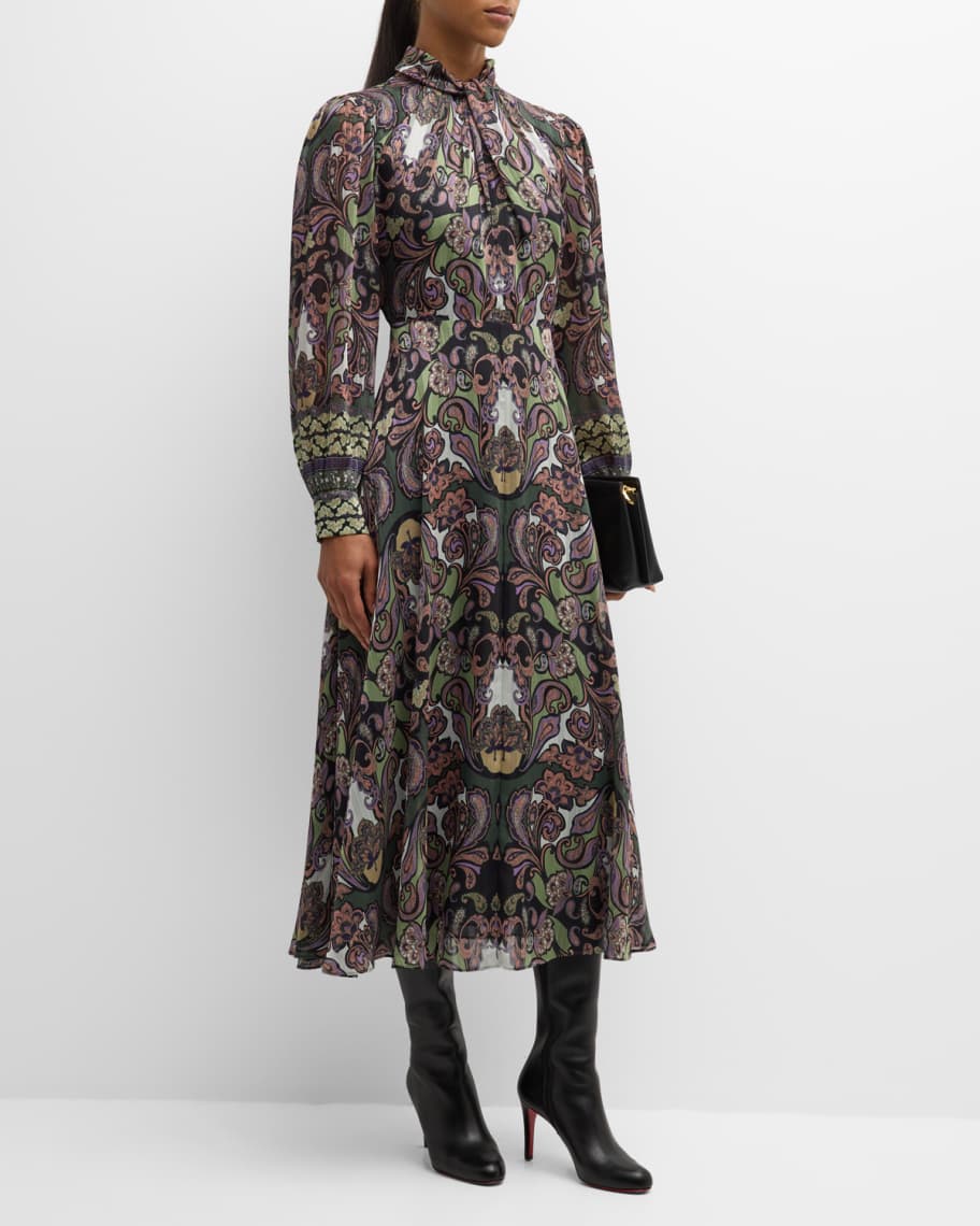 Elie Tahari The Raquel Tie-Neck Paisley-Print Midi Dress | Neiman Marcus