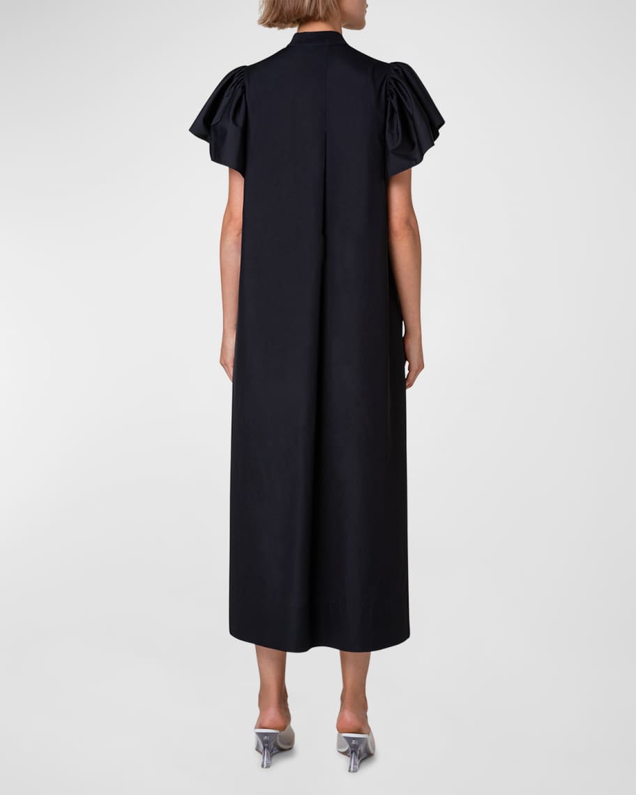 Image 3 of 4: Mandarin-Collar Flutter-Sleeve Cotton Poplin Midi Dress