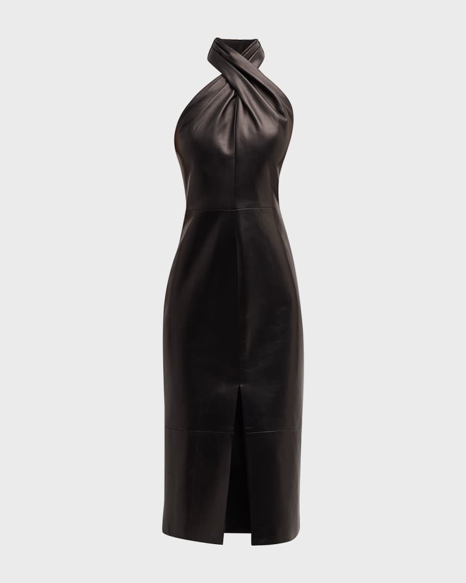 Image 2 of 6: Romare Crossover Halter Leather Midi Dress