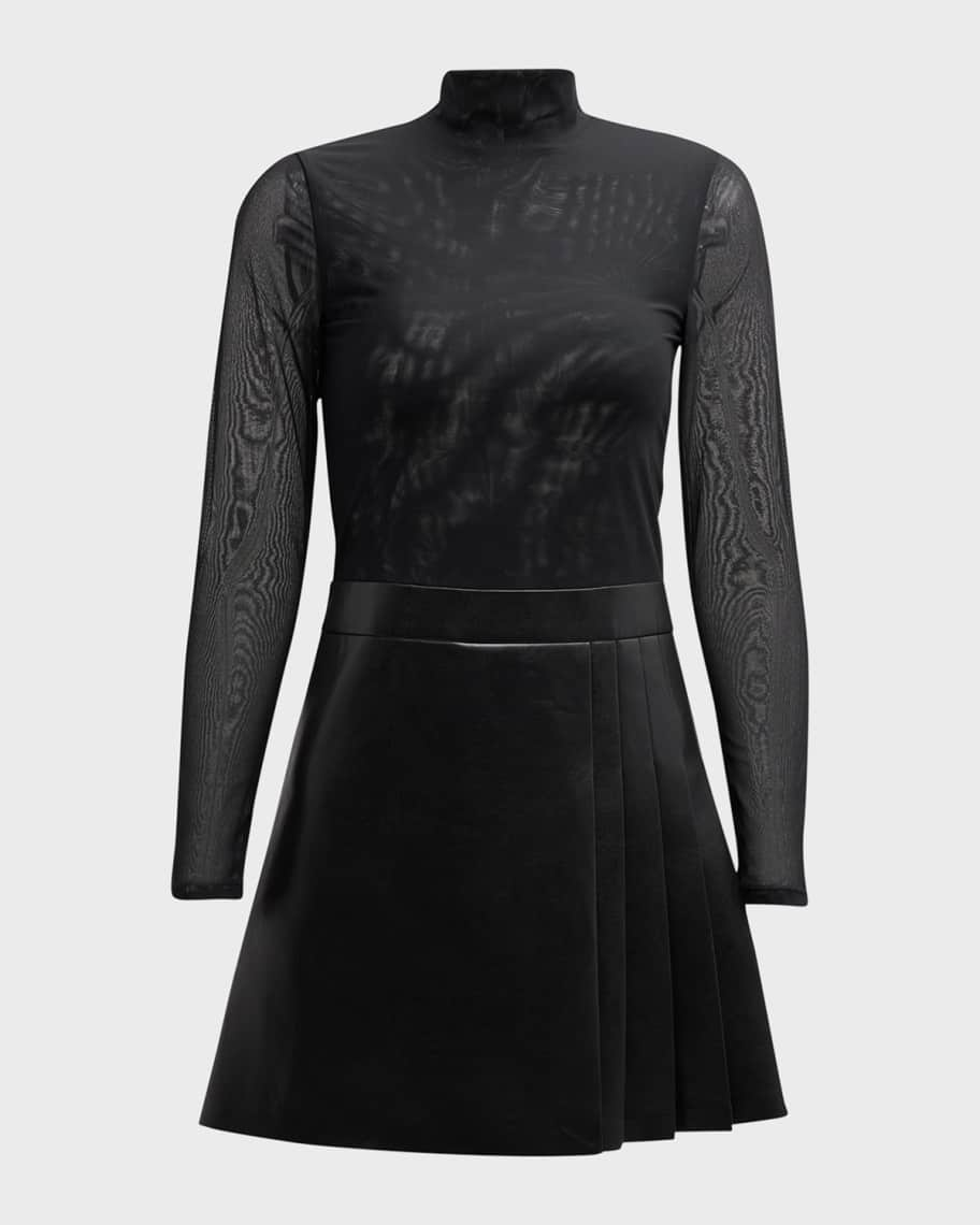 Alice + Olivia Chara Long-Sleeve Vegan Leather Pleated Mini Dress