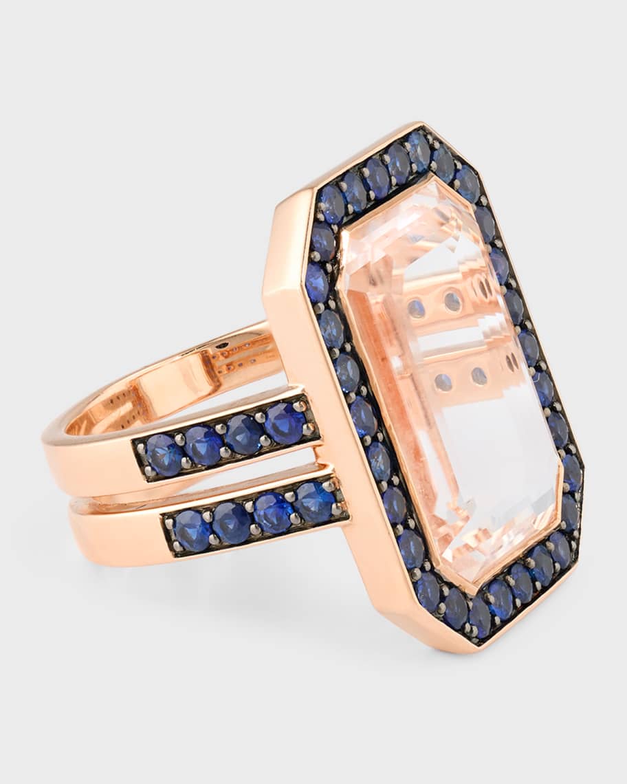 Image 3 of 5: Bell 18K Blue Sapphire & Rock Crystal Rectangular Ring, Size 7