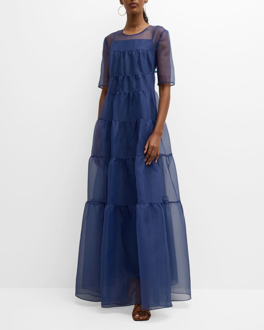 STAUD Hyacinth Short-Sleeve Tiered Organza Maxi Dress | Neiman Marcus