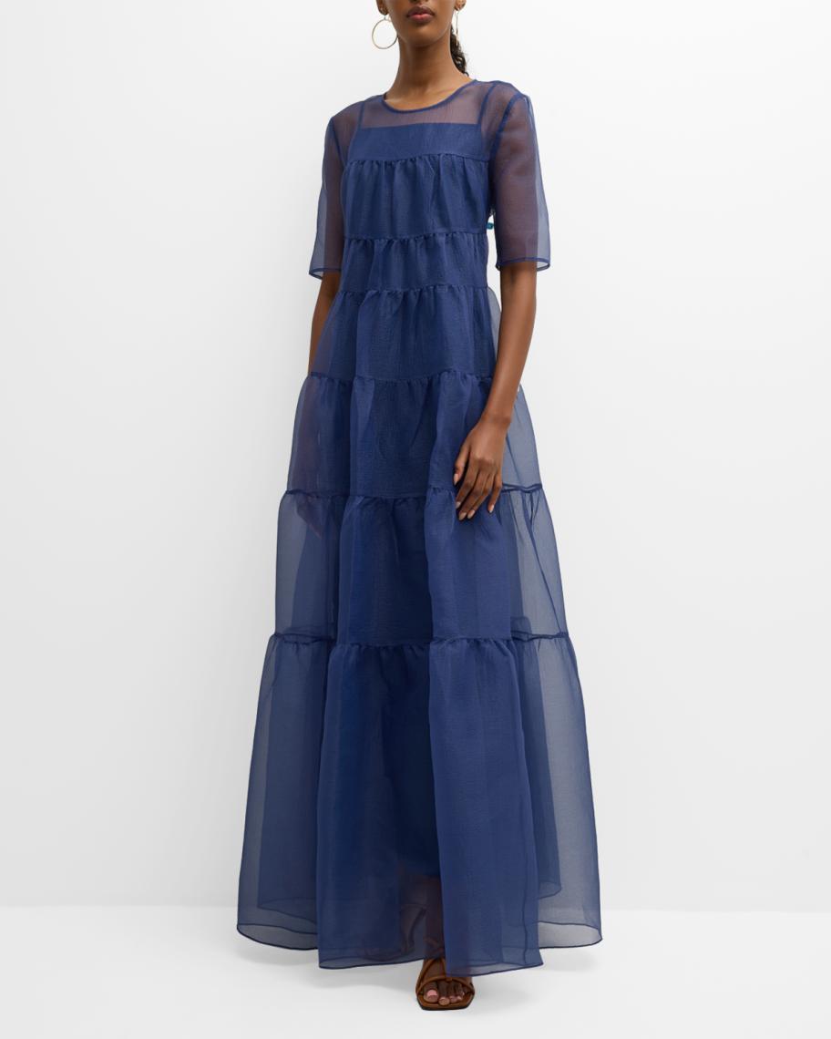 staud hyacinth organza dress STAUD Hyacinth Short-Sleeve Tiered Organza Maxi Dress