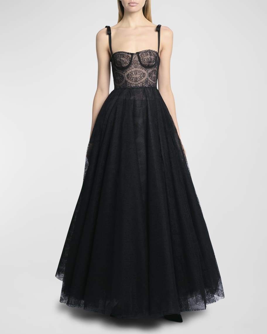 Giambattista Valli Bow-Detail Lace Fit-&-Flare Bustier Gown | Neiman Marcus