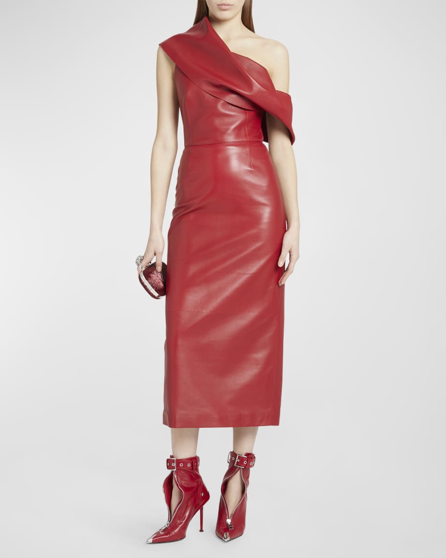 Alexander McQueen One-Shoulder Draped Leather Midi Dress | Neiman Marcus