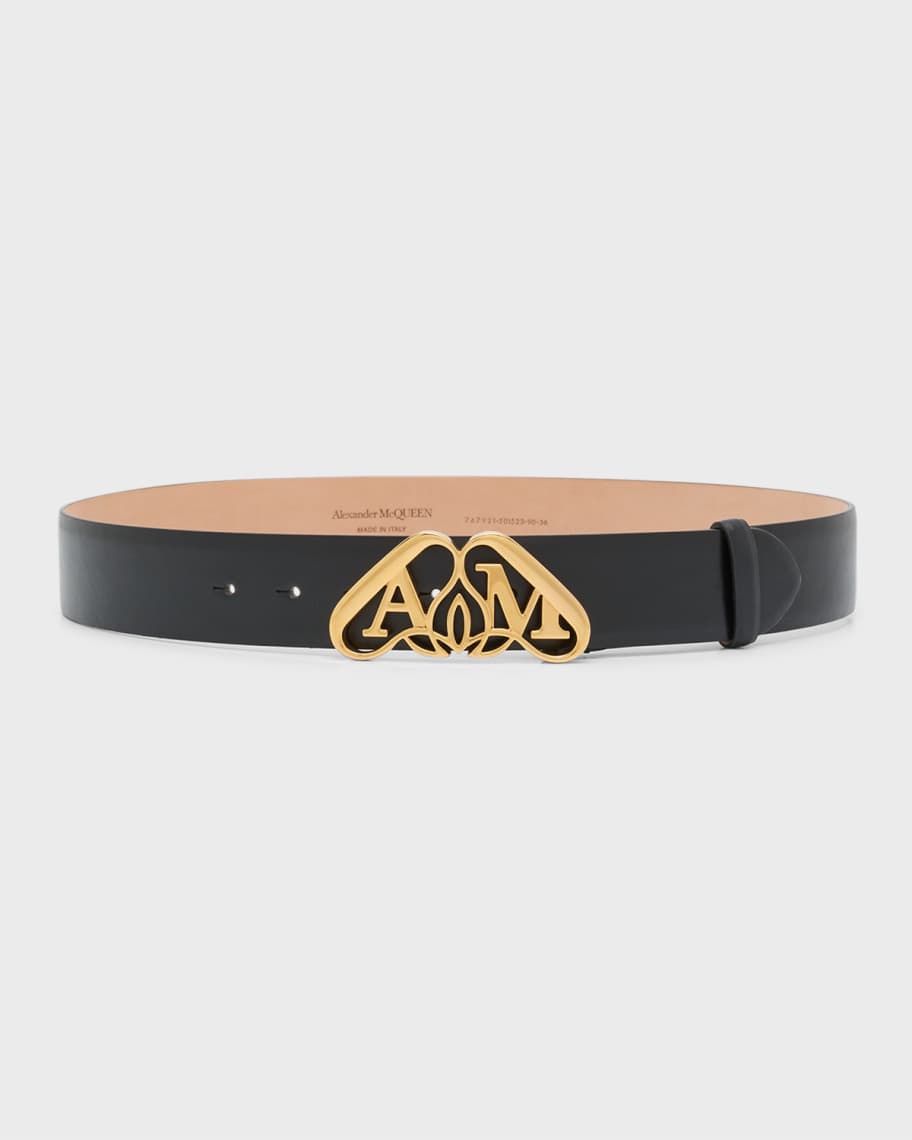 Alexander McQueen Leather Belt with Gold Logo Detail | Neiman Marcus