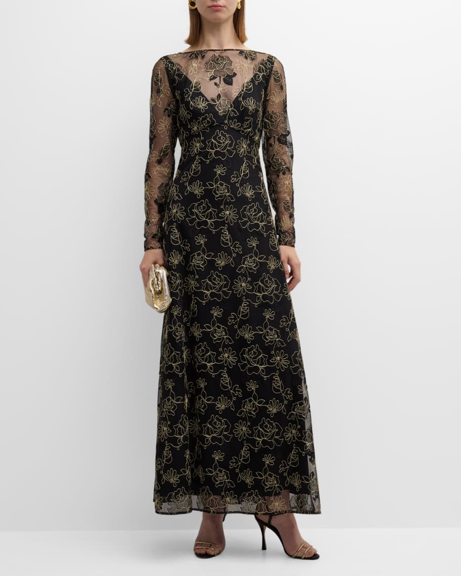 Lela Rose Embroidered Lace Long-Sleeve Illusion Maxi Dress | Neiman Marcus