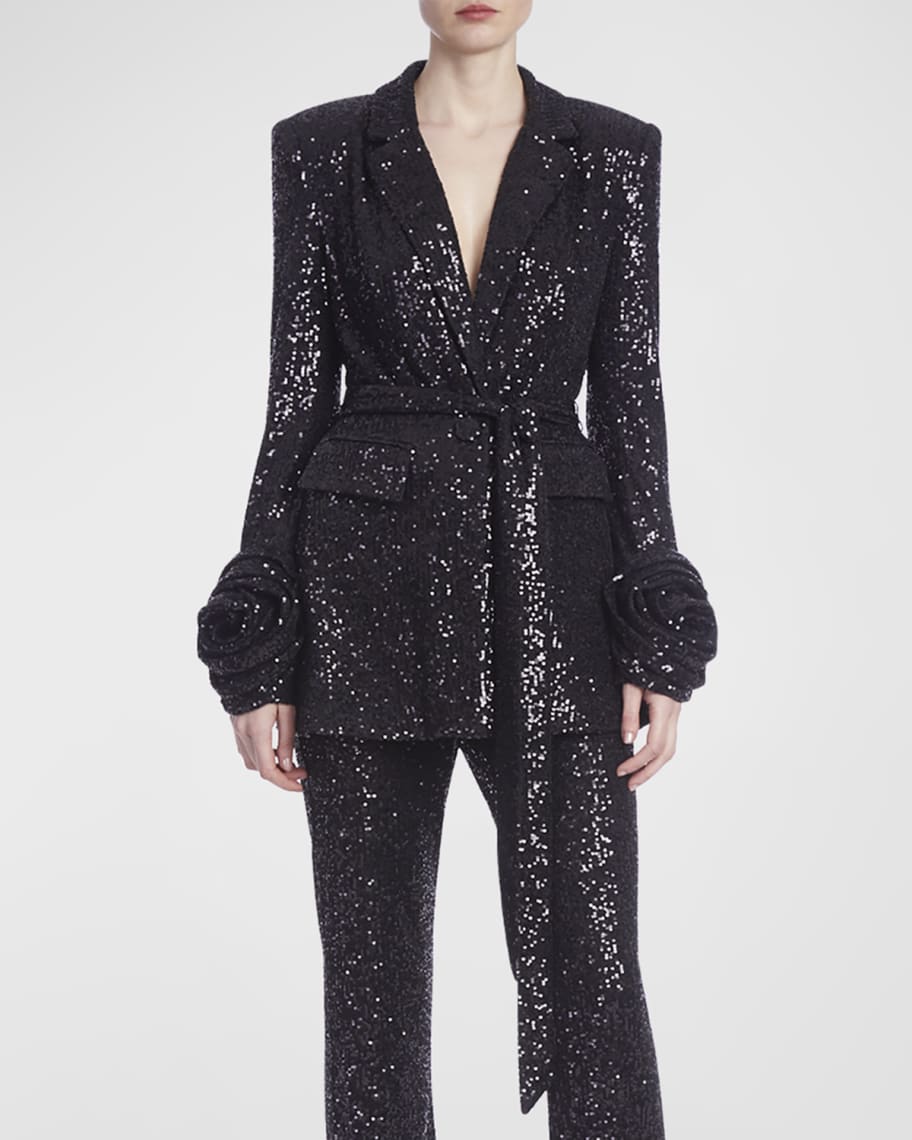 Badgley Mischka Collection Sequined Blazer with Rosette Appliques ...