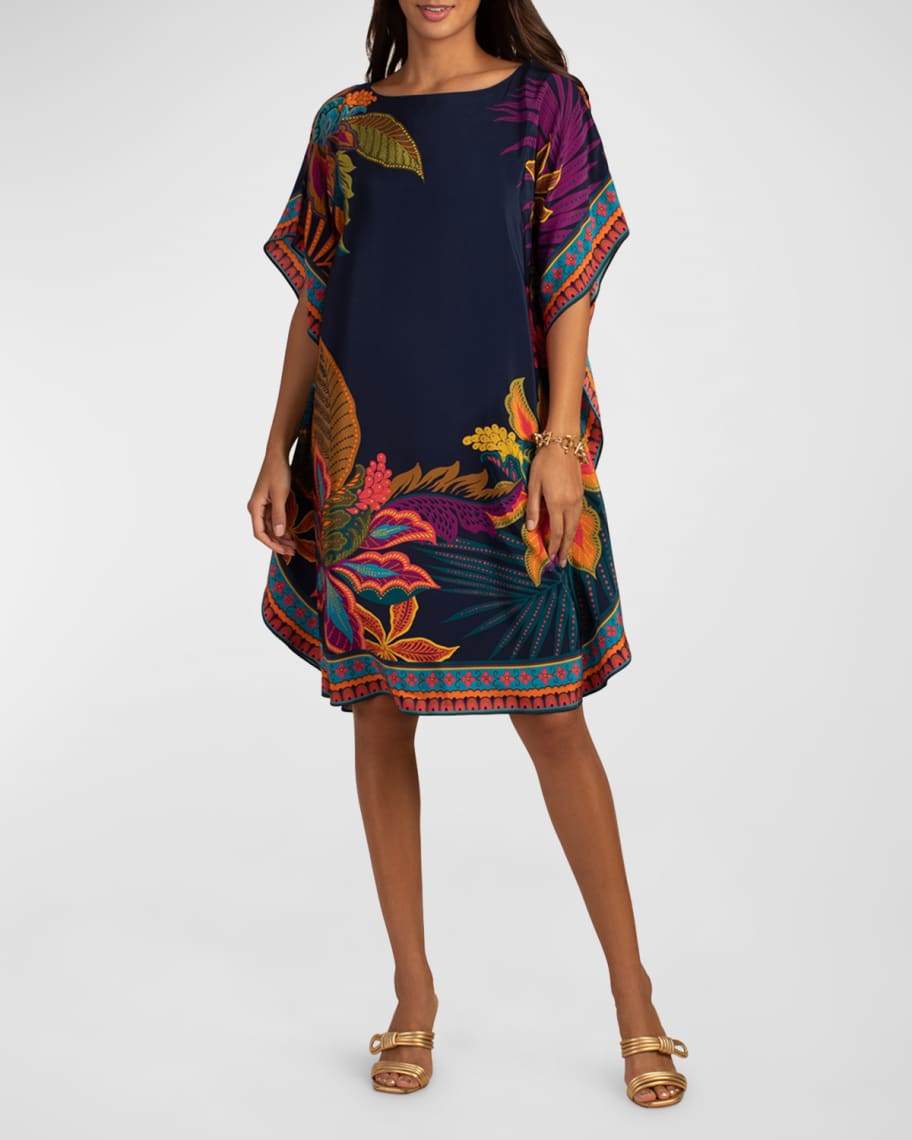 Trina Turk Global Floral Border Short-Sleeve Silk Dress | Neiman Marcus