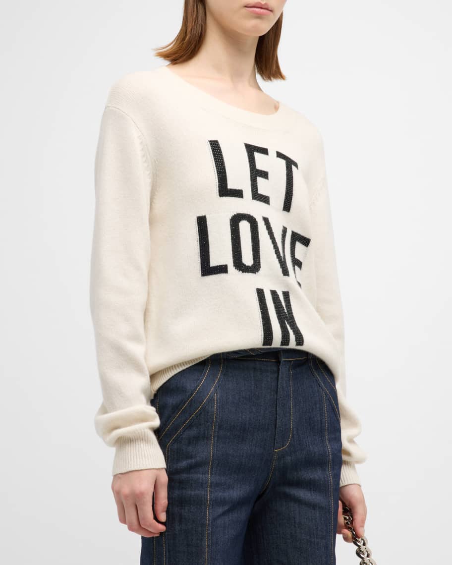 Cinq a Sept Rhinestone Let Love In Wool Cotton Knit Sweater | Neiman Marcus