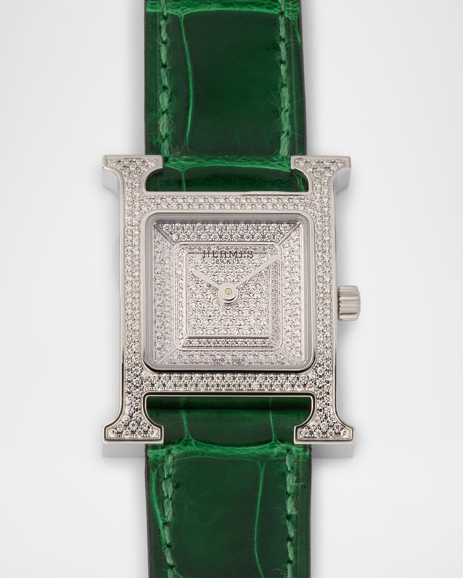 【HERMES】 腕時計 Hermes Heure H All Diamond Watch with Green Alligator Strap, 25 mm