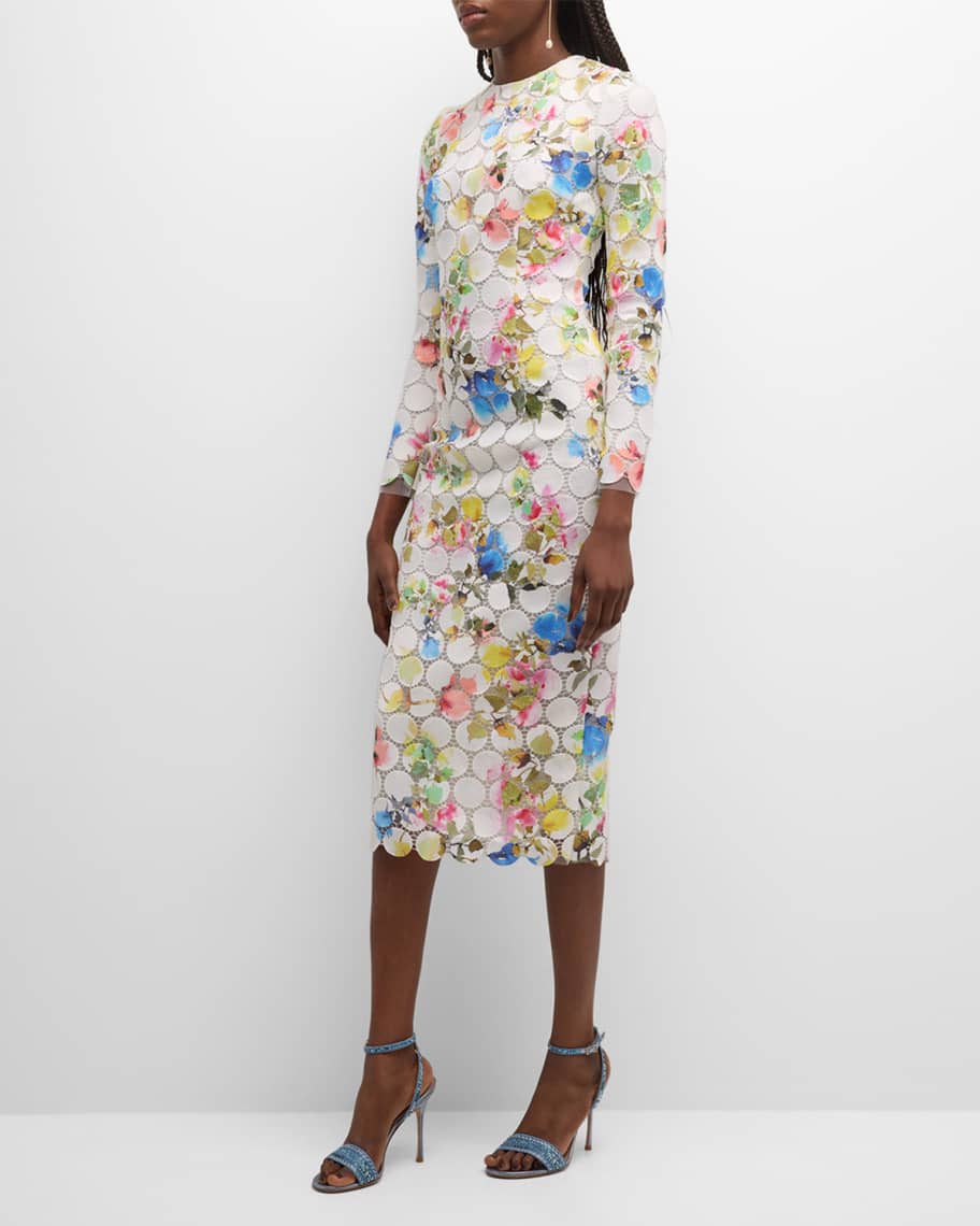 Monique Lhuillier Floral-Print Circle Lace Long-Sleeve Midi Dress ...