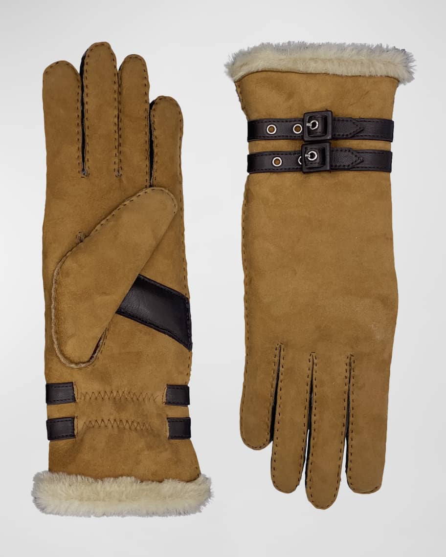 Image 1 of 1: Double-Faced Suede & Shearling Gloves