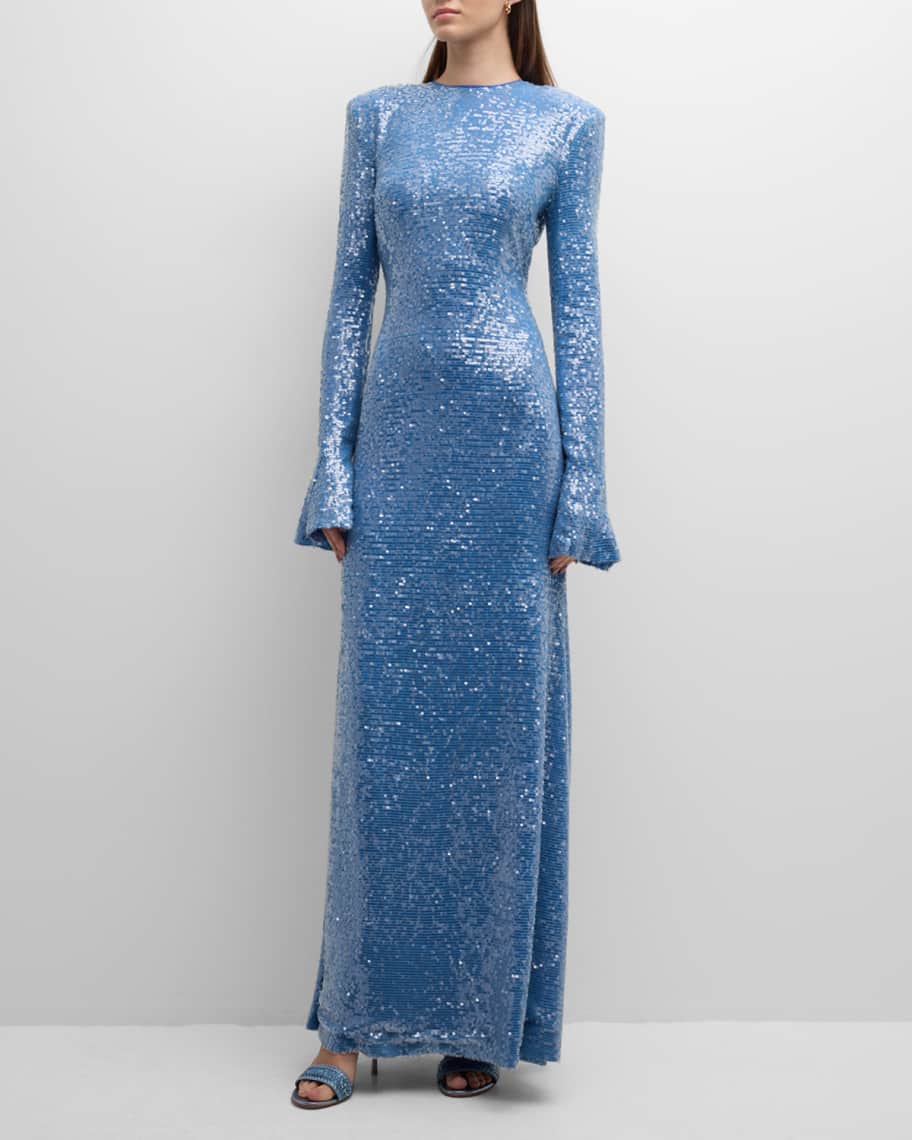 LAPOINTE Sequin Flare Sleeve Strong Shoulder Maxi Dress