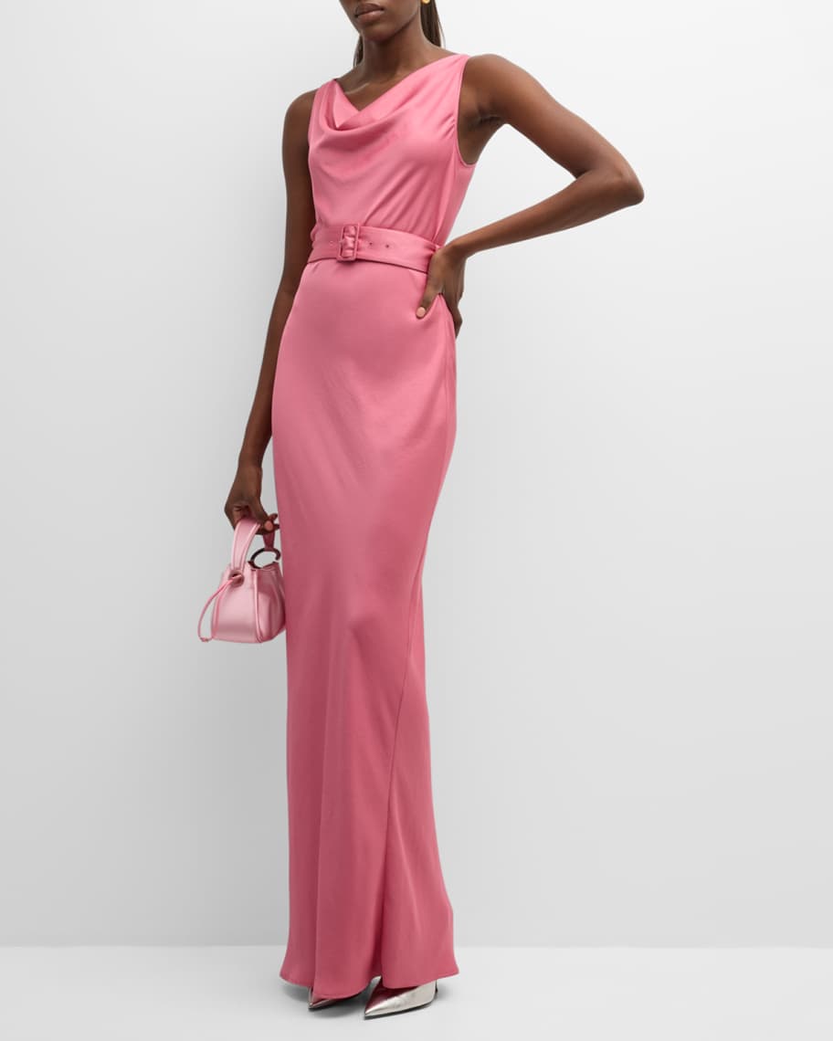 LAPOINTE Cowl-Neck Belted Sleeveless Satin Bias Gown | Neiman Marcus
