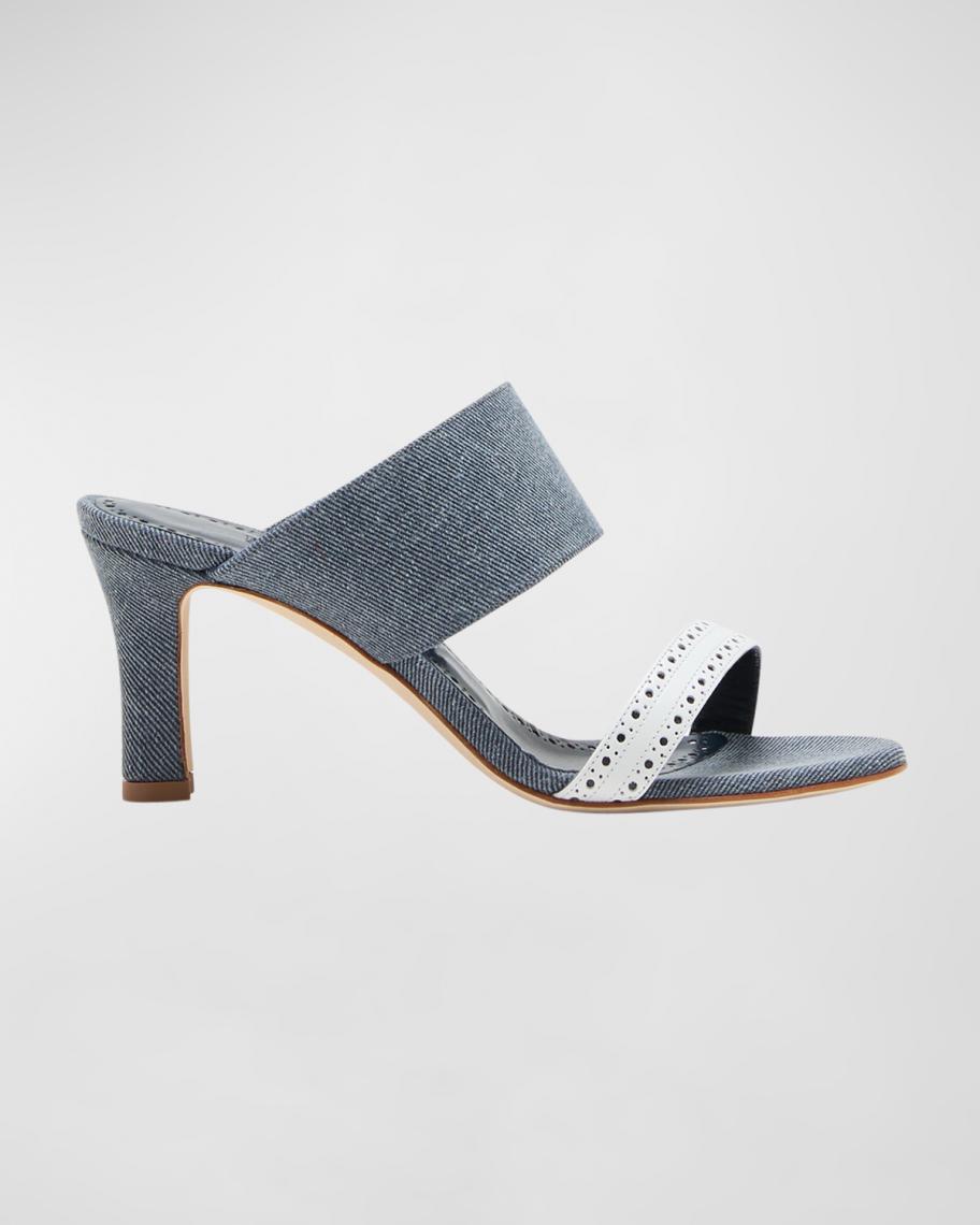 Manolo Blahnik Denala Denim Dual-Band Mule Sandals | Neiman Marcus