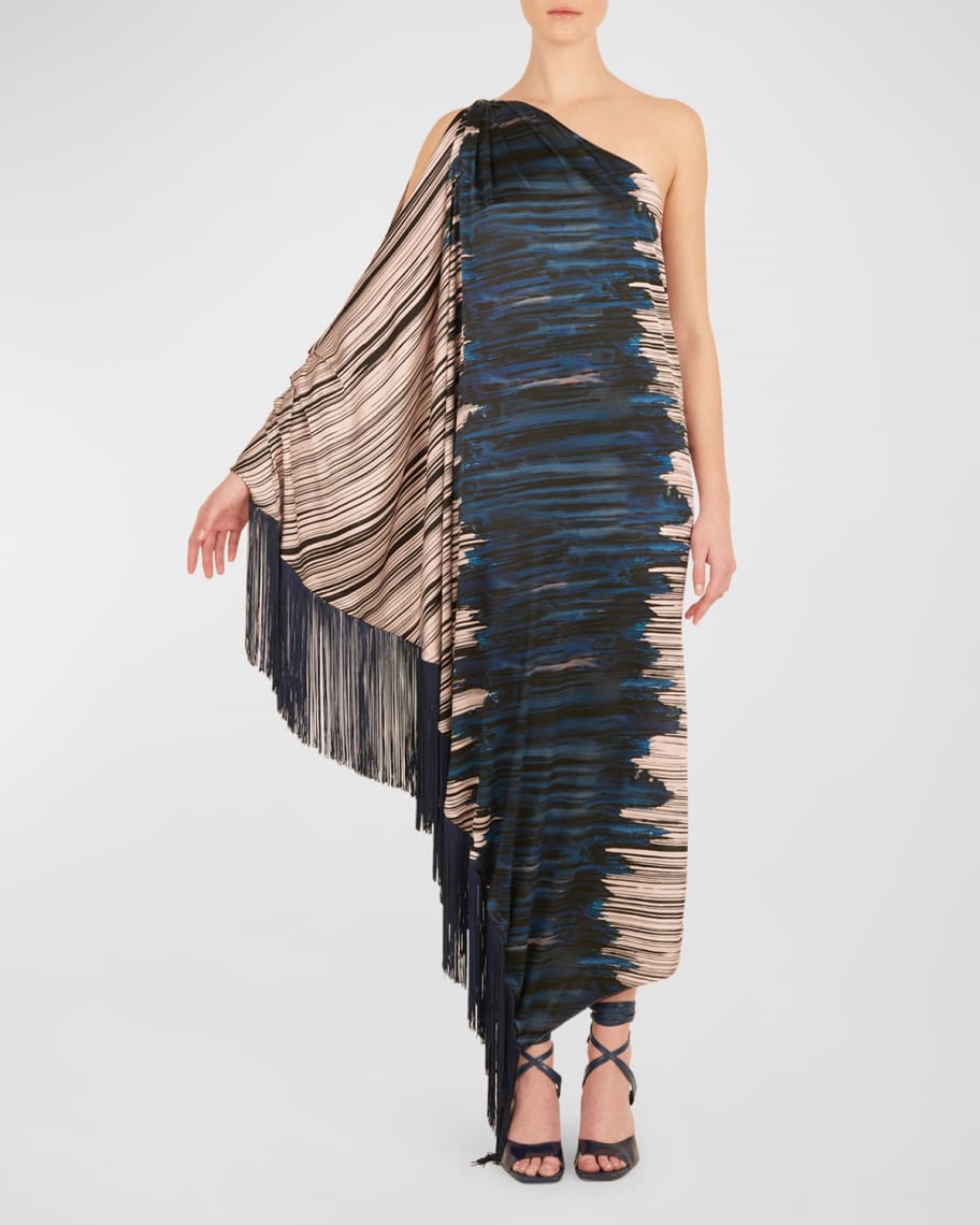 Silvia Tcherassi Alana Fringe-Trim One-Shoulder Maxi Dress | Neiman Marcus