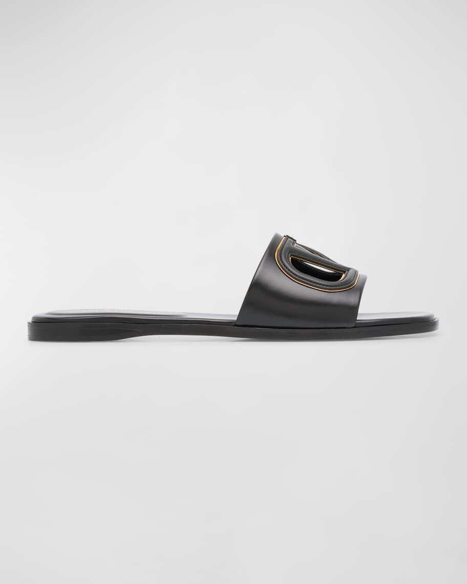 Valentino Garavani VLogo Leather Cutout Flat Slide Sandals | Neiman Marcus