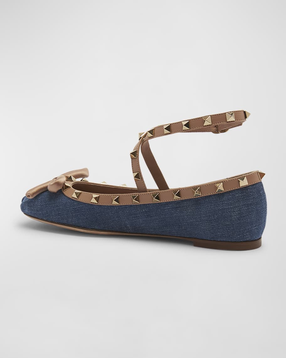 Image 3 of 6: Rockstud Denim Ankle-Strap Ballerina Flats