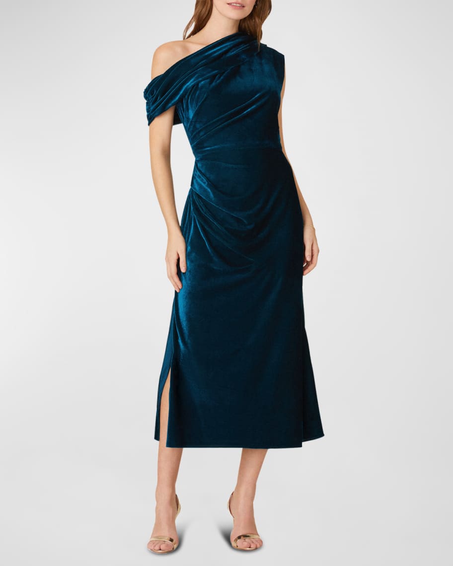 Shoshanna Pleated One-Shoulder Velvet Midi Dress | Neiman Marcus