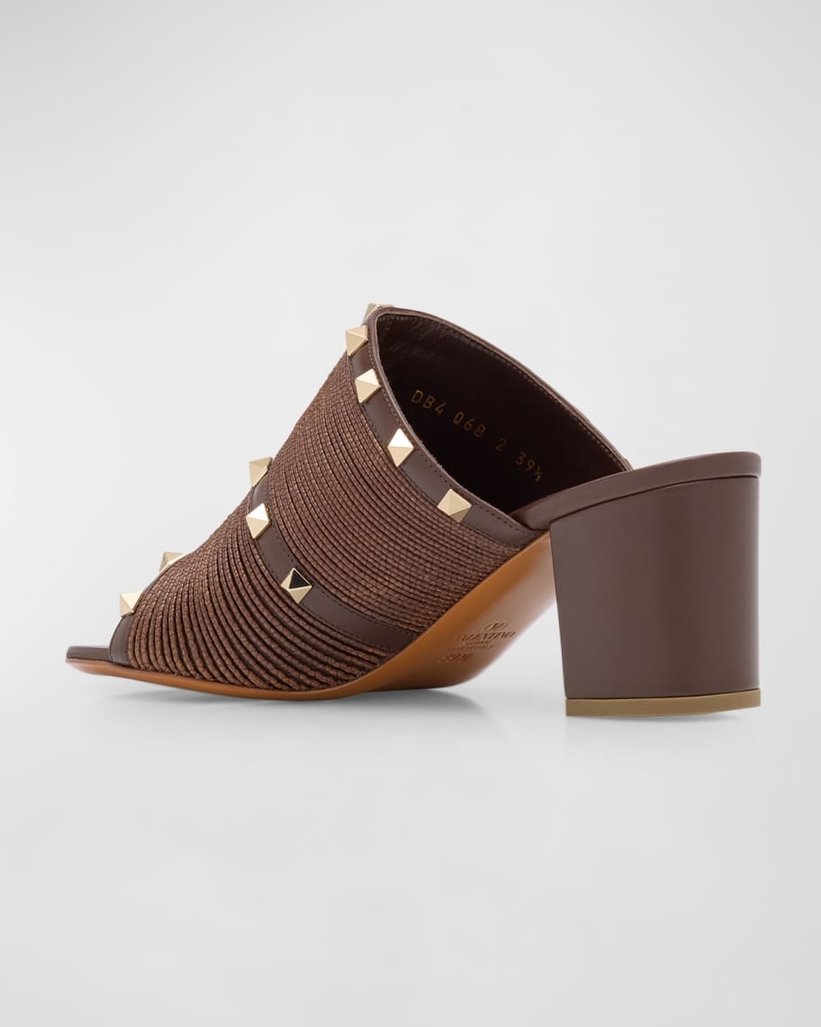 Image 3 of 6: Rockstud Leather Raffia Mule Sandals
