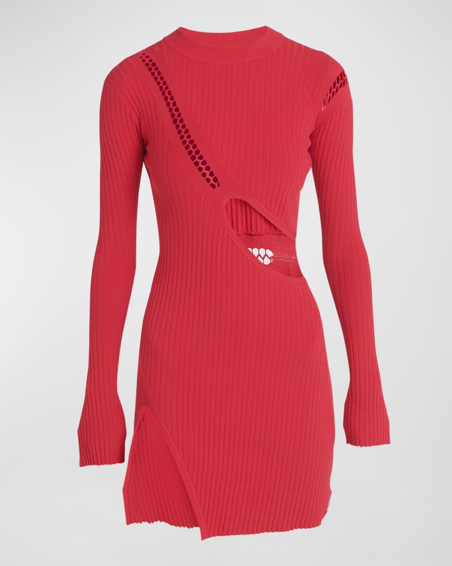 The Attico Cutout Long-Sleeve Slit-Hem Rib Mini Dress