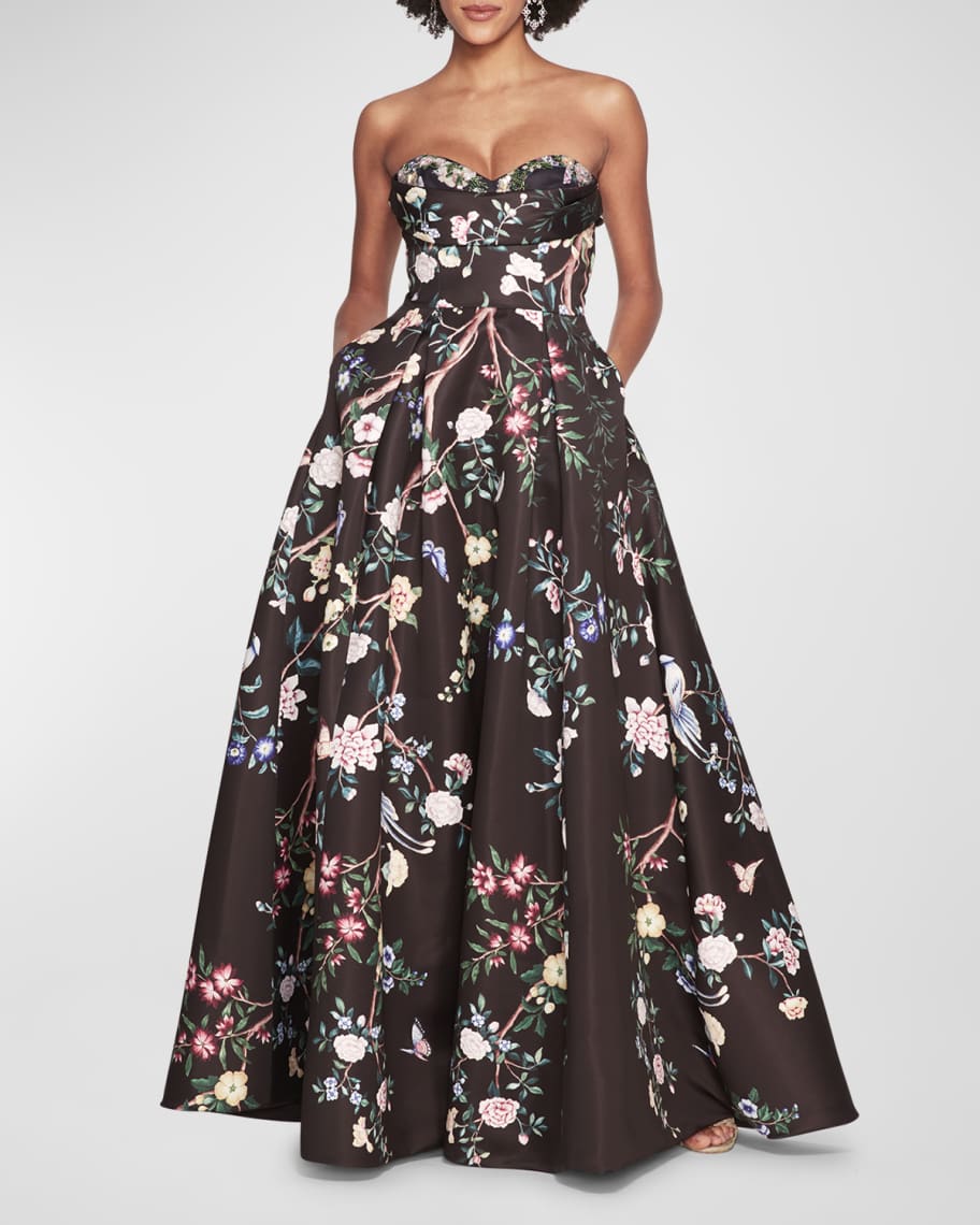 Marchesa Notte Strapless Pleated Floral-Print Satin Gown | Neiman Marcus
