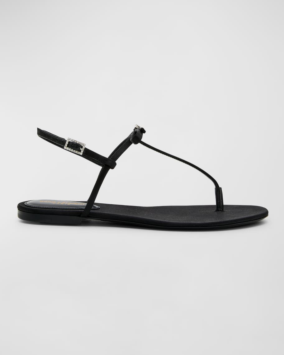 Saint Laurent Silk Bow T-Strap Flat Sandals | Neiman Marcus