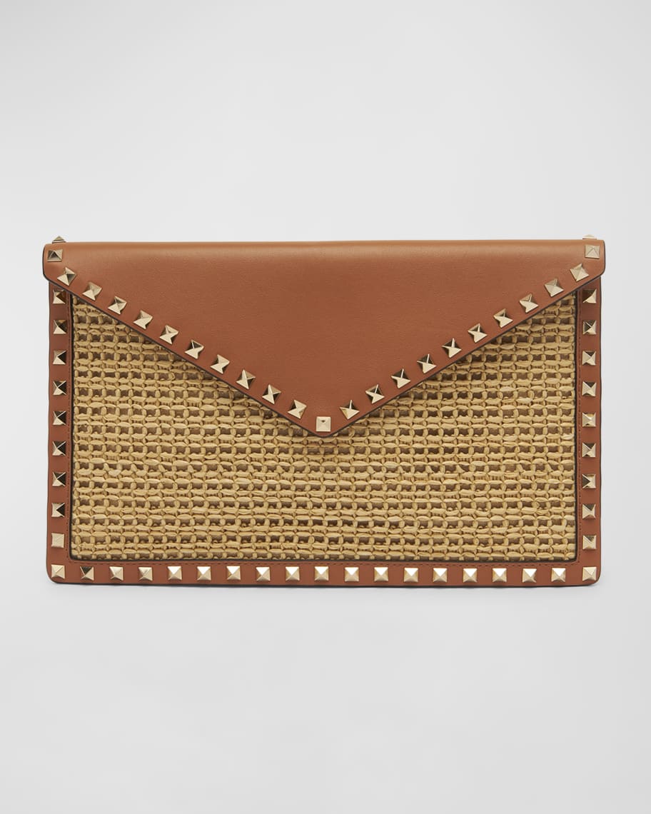 Valentino Garavani Rockstud Leather Trimmed Raffia Tote Bag Large