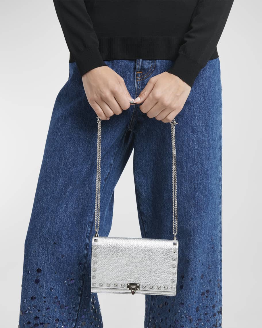 Image 2 of 6: Rockstud Metallic Leather Wallet on Chain