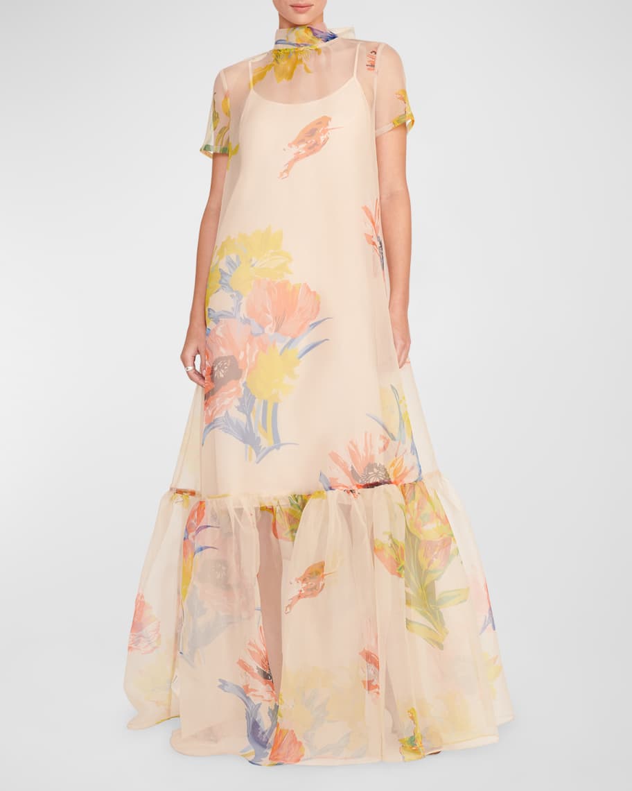 STAUD Calluna High-Neck Floral Organza Gown | Neiman Marcus