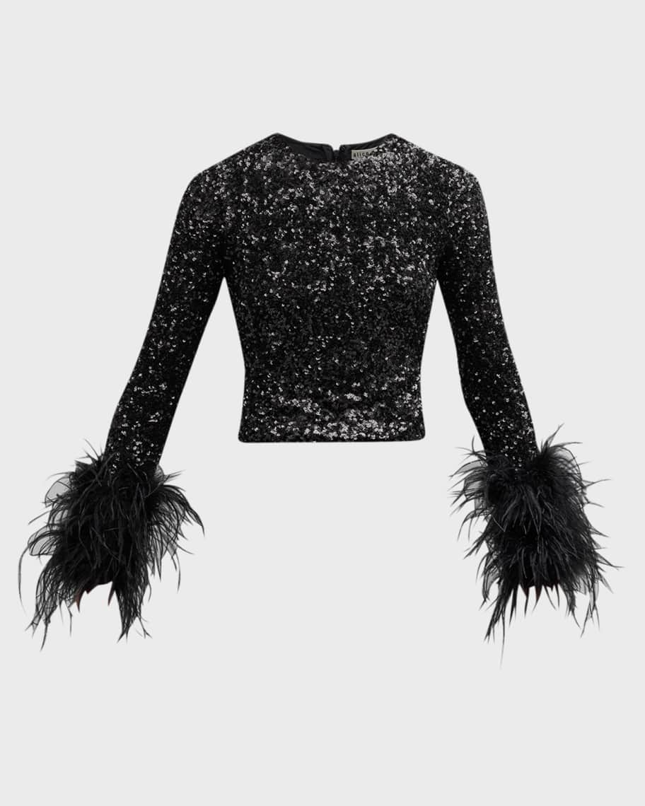 Alice + Olivia Delaina Sequined Feather-Cuff Top | Neiman Marcus