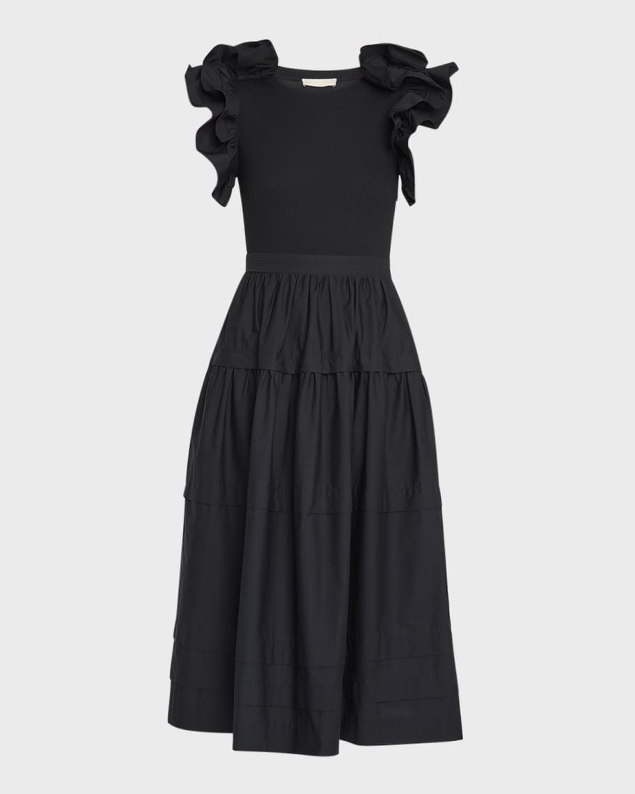 Ulla Johnson Francine Ruffle-Sleeve Combo Midi Dress | Neiman Marcus