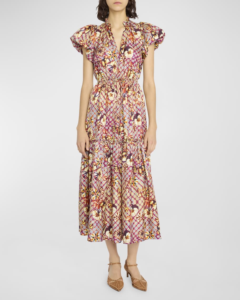 Ulla Johnson Scarlett Printed Silk Tiered Midi Dress | Neiman Marcus