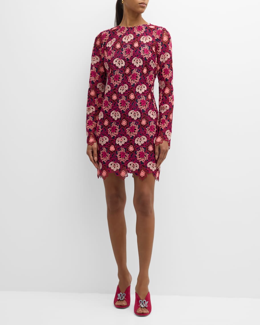 Milly Nessa Long-Sleeve Floral Lace Mini Dress | Neiman Marcus