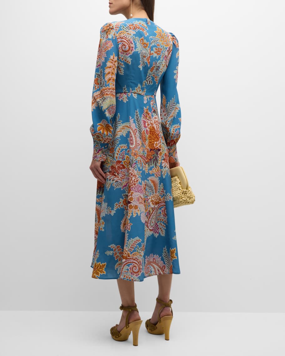 Image 3 of 6: V-Neck Floral-Print Long-Sleeve Slit-Hem Cady Midi Dress