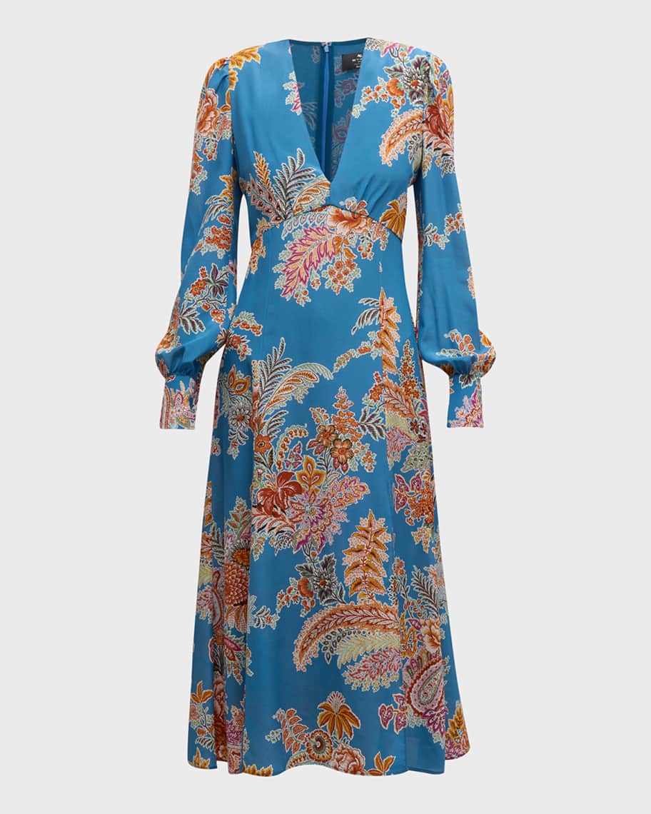 Image 1 of 6: V-Neck Floral-Print Long-Sleeve Slit-Hem Cady Midi Dress