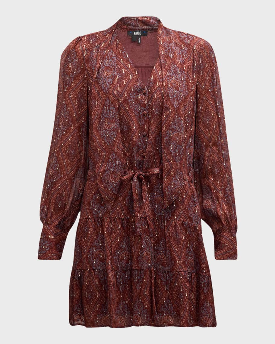 Image 2 of 6: Cleobelle Printed Long-Sleeve Tie-Neck Mini Dress