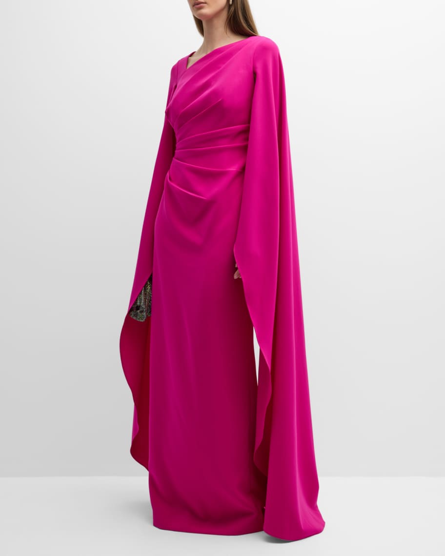 Rickie Freeman for Teri Jon Pleated Cape-Sleeve Crepe Column Gown ...
